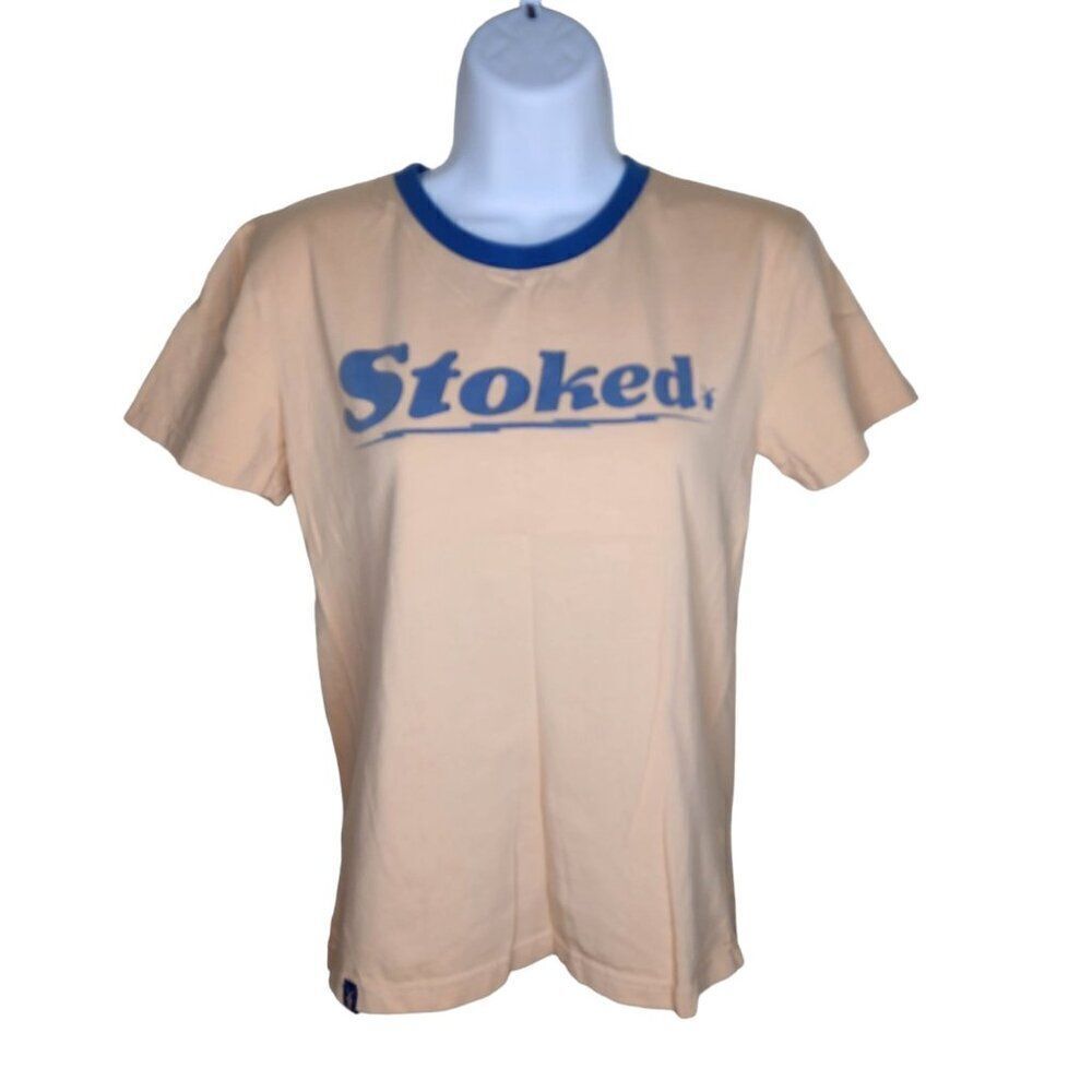 Dutch Bros Staff Short Sleeve Ringer TShirt Stoked Womens Size S Beige Retro